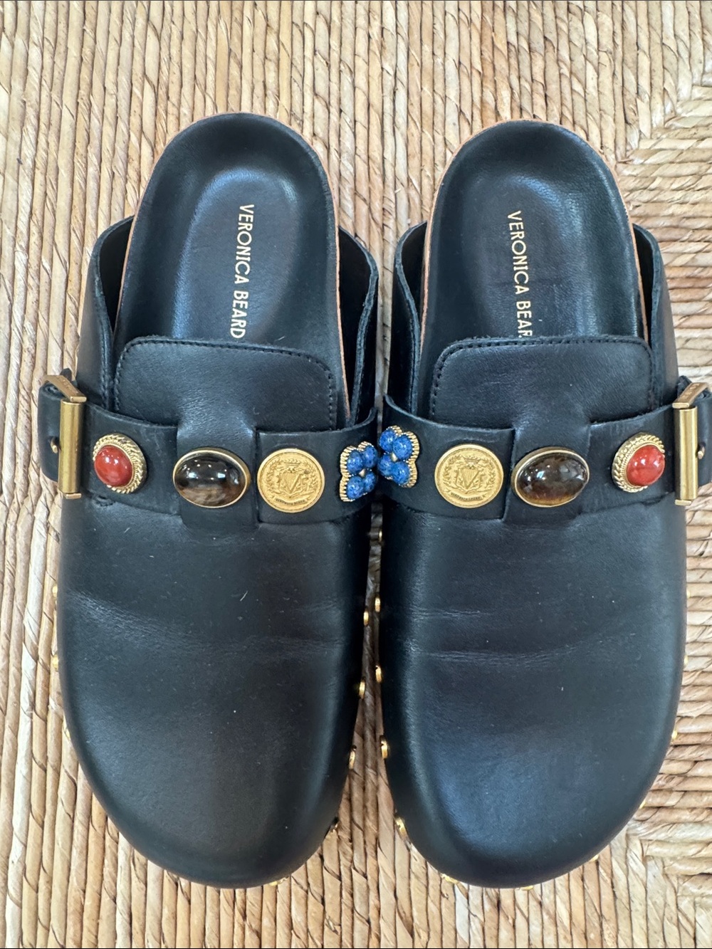 Veronica Beard Fern Black Leather Studded Mule Clogs Embellished Charms 8 - Picture 2 of 10